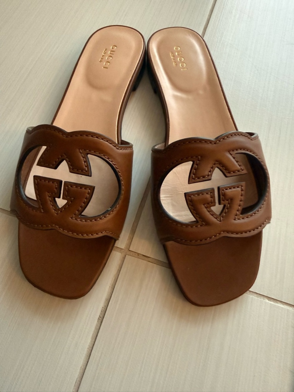Gucci Tan Leather GG Cutout Slide Mules